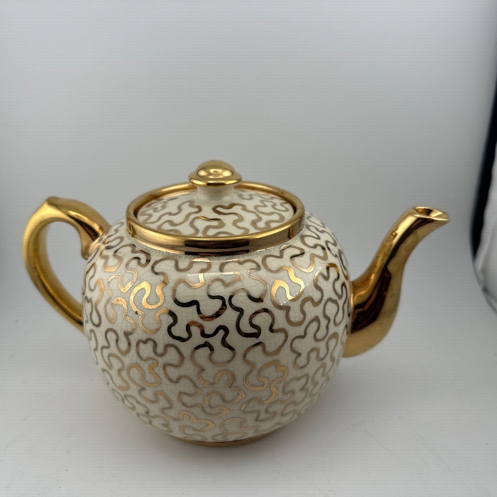 VTG Sadler Sudlow's Burslem Teapot Set Ivory Gold England Art Deco 1950s